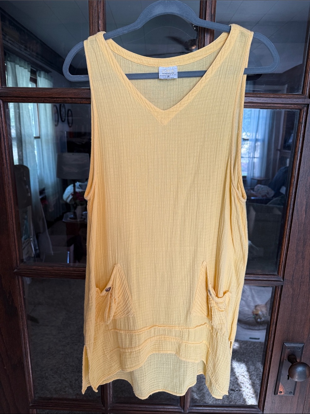 CMC Color Me Cotton Yellow Crinkle Gauze Sleeveless Tunic V-Neck‎ Top Small USA